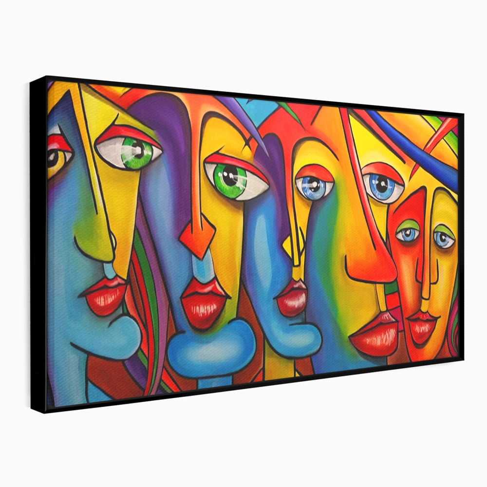Tablou canvas cu tablou canvas cu fete abstracte colorate, in rama de aluminiu negru